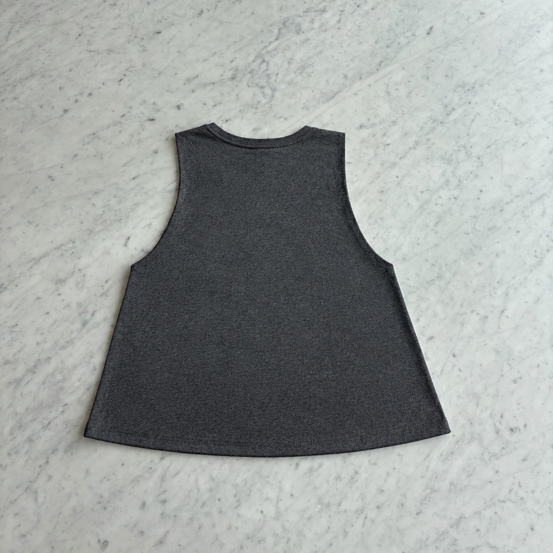 Dark grey heather Kooh Culture women's racerback cropped tank, alternate view