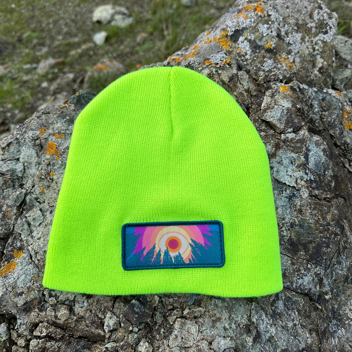 Neon yellow Kooh Culture cuffed beanie with the In the Trees patch