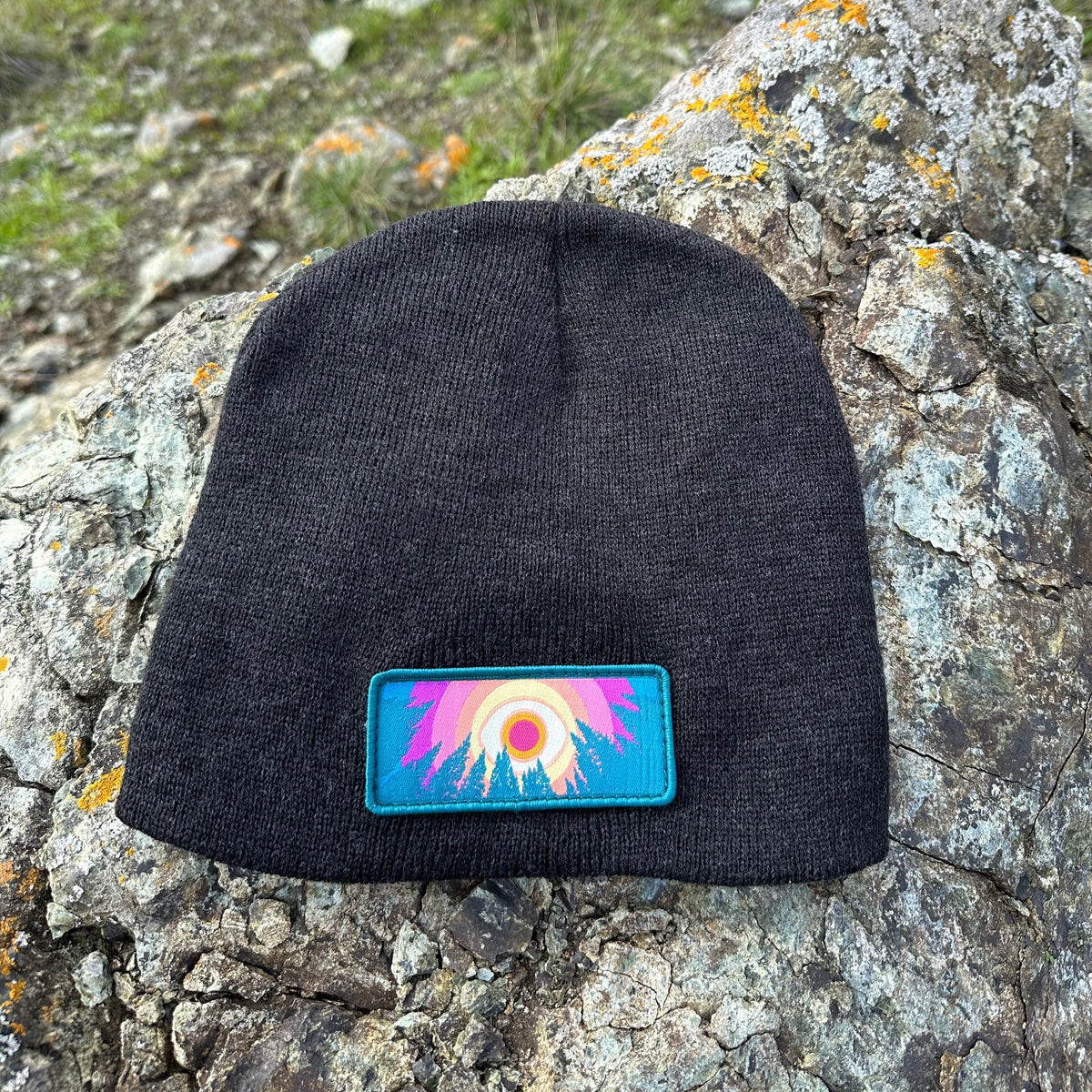 Heather charcoal Kooh Culture cuffed beanie with the In the Trees patch