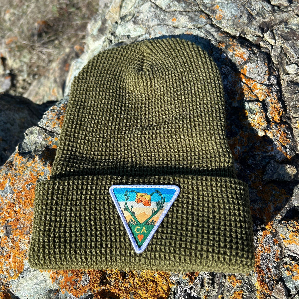 Avocado Kooh Culture waffle cuff beanie with the Poppy CA Love patch