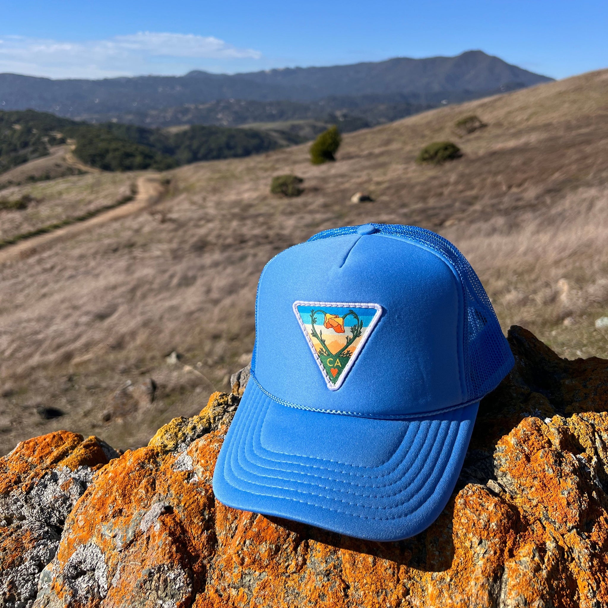 light blue hat with CA Poppy Patch