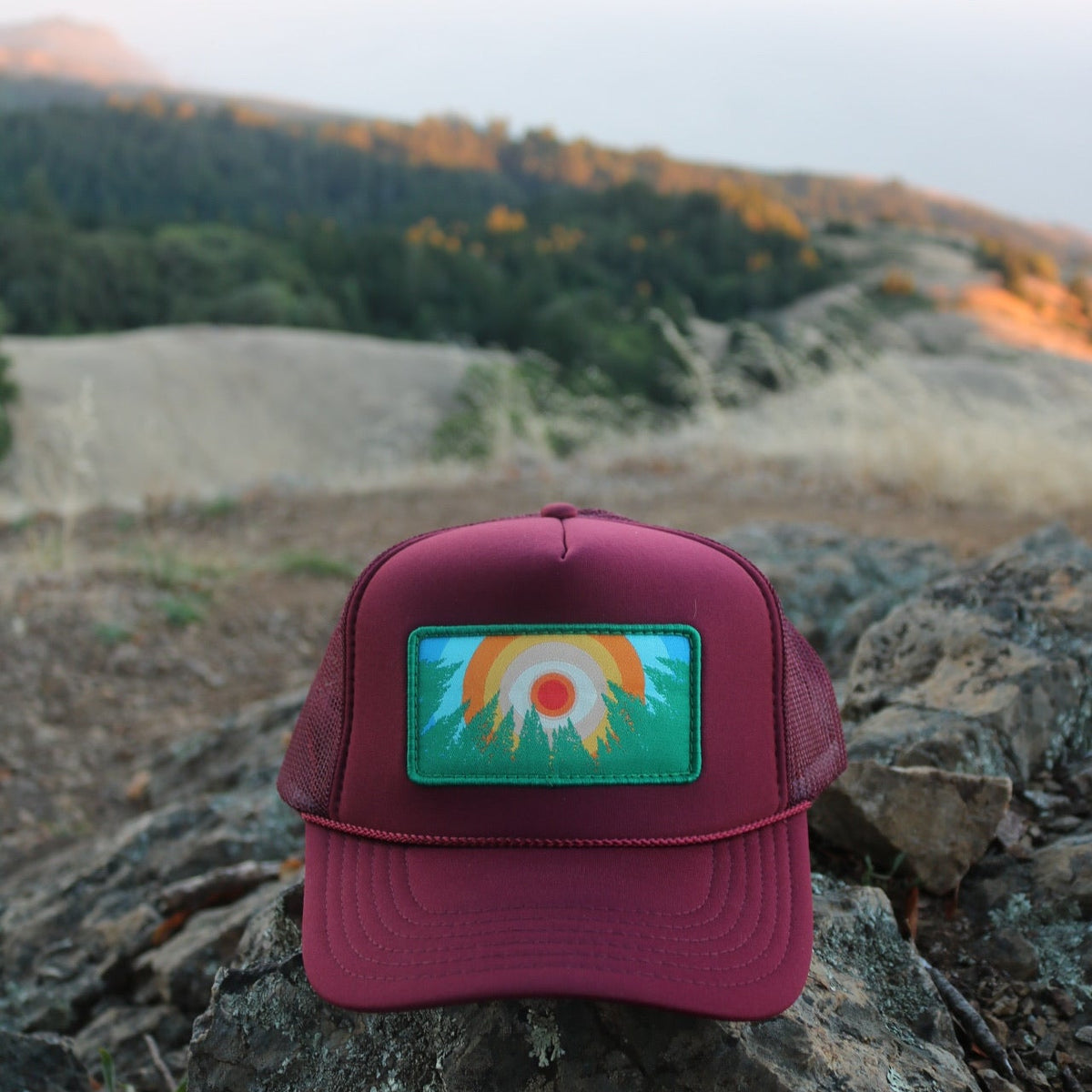 Maroon Kooh Culture foam trucker hat with the In the Trees XL patch