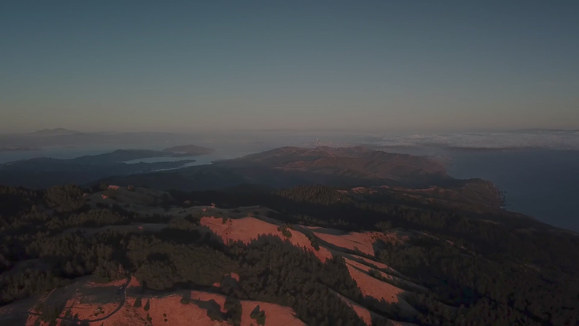 Flying over the hills of Mount Tamalpais above San Francisco Bay